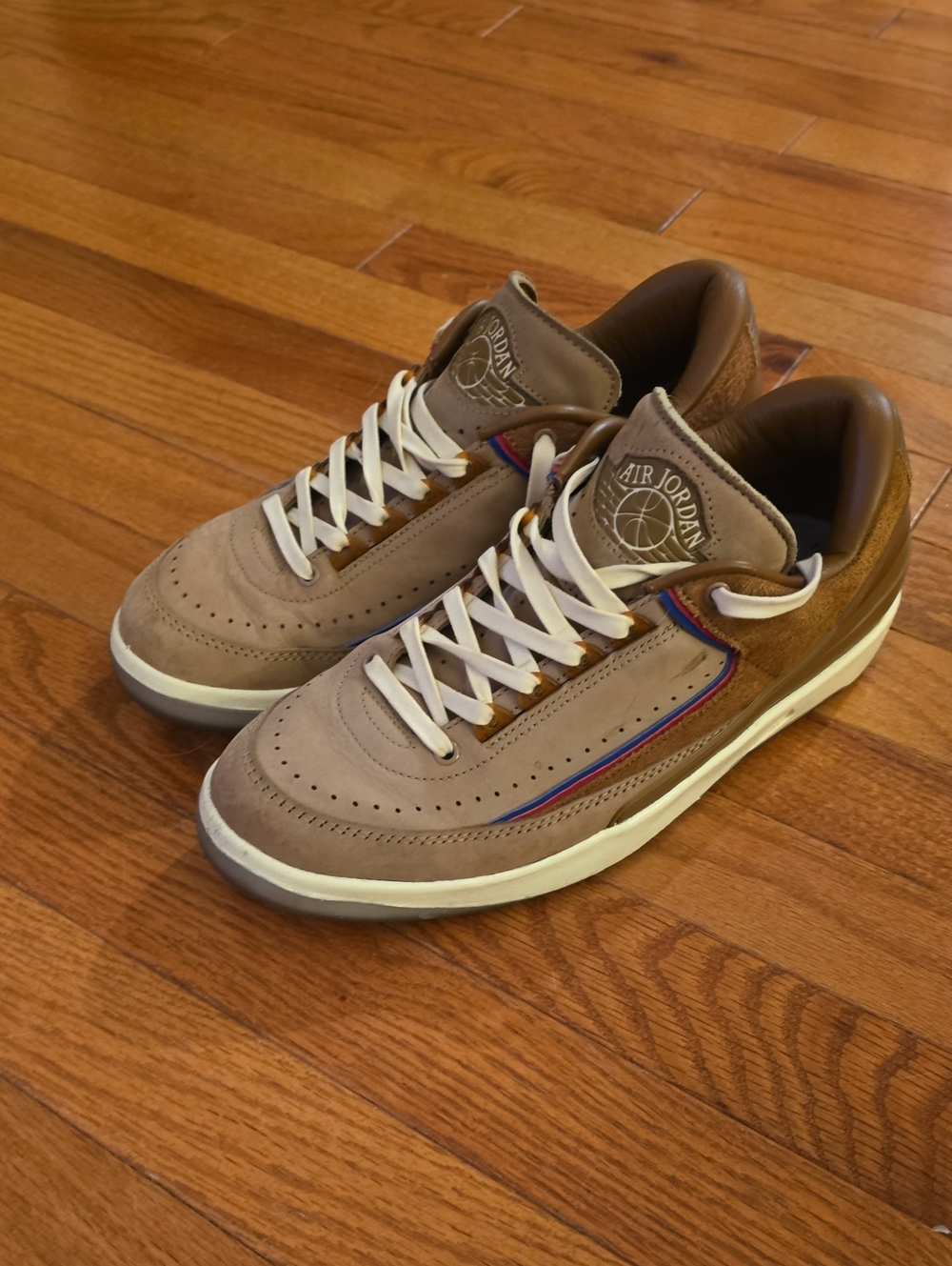 Two 18 X Air Jordan 2 Low. Detroit Sneakers in Tan, Brown and White